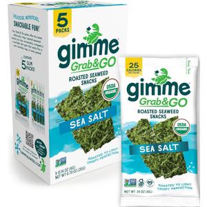 Gimme Seaweed Grab & Go Organic Premium Roasted Seaweed Snacks, Sea Salt, 5 Count Trayless, Keto, Vegan, Gluten-Free, Great Source of Omega3s and Iodine, Healthy On-The-Go Snack for Kids and Adults, BB JUL122026