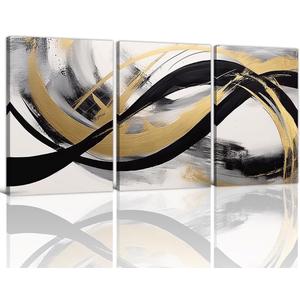 NAMENLAIMI Black and Gold Canvas Prints Wall Art 3 Piece Abstract Black White and Gold Picture Prints Large Abstract Paintings for Living Room Bedroom Decor Frame(Abstract-3,16.00" x 24.00" x 3Pcs)
