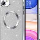 Hython for iPhone 11 Case Glitter, Clear Magnetic Phone Cases with Camera Lens Protector [Compatible with MagSafe] Bling Sparkle Plating Soft TPU Slim Shockproof Protective Cover Women Girls, Silver