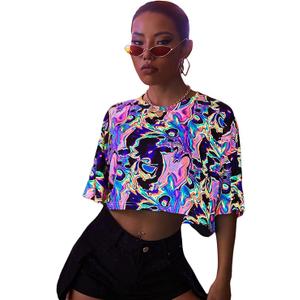Floerns Women's Casual Reflective Short Sleeve Round Neck Crop Tops T Shirts L Multi