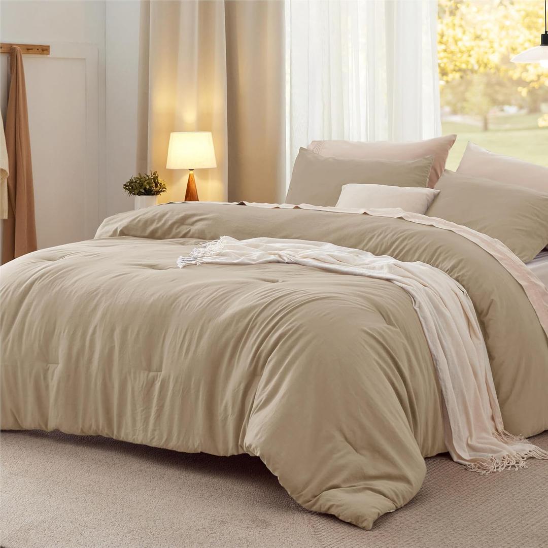 Bedsure California King Size Comforter Set, Khaki Soft Prewashed Bedding for All Seasons, 3 Pieces GentleSoft Down Alternative Bed Set, 1 Lightweight Comforter (104"x96") and 2 Pillowcases (20"x36")