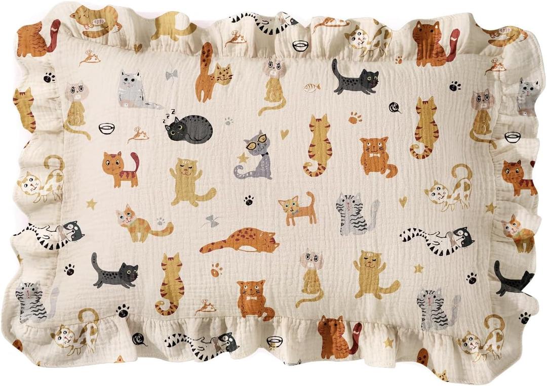 1 Pack Toddler Pillowcase - 13x18 Cotton Muslin Pillow case with Ruffles, Envelope Closure No Zipper Design, Cute Cartoon Soft Breathable Pillow Case for Kids Baby Toddler Girls Boys, Cat