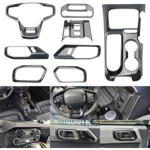 8 Pcs Carbon Fiber Interior Decor Trim Cover Kit Compatible with 2021-2026 Ford Bronco, Gear Shift Panel Cover Inner Door Handle Cover Steering Wheel Cover - Not Fit Manual Transmission