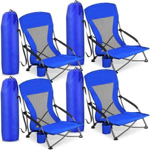 Menkxi 4 Pack Low Beach Chairs for Adults, Portable Folding Sand Chairs with Cup Holder and Carry Bag, Lightweight High Back Camping Chair for Beach Trips, Concerts, BBQ, Lawn, Outdoor (Deep Blue)