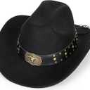 Western-Cowboy-Hats for Women Men - Classic Wide Brim Felt Fedora Unisex Upturn Bull Head Cowgirl Caps with Buckle Belt