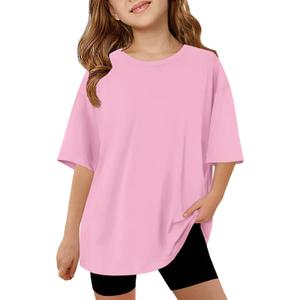 ZDC Girls Short Sleeve T Shirts Kids Summer Oversized Tops Trendy Crewneck Basic Tees 5-14 Years (Pink)