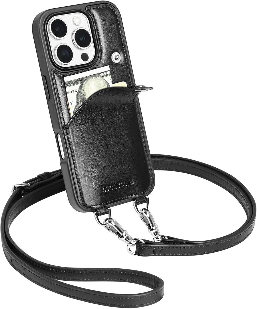 LUCKYCOIN Crossbody Wallet Phone Case for iPhone 16 Pro,100% Genuine Leather Phone Purse Case for Women,with Expandable Card Holder,with Adjustable & Removable Strap Retro Black