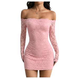 GORGLITTER Women's Lace Long Sleeves Mini Dress Y2K Fall Sexy Off The Shoulder Bodycon Night Out Birthday Party Dresses Dusty Pink XX-Small