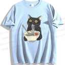 Women's Funny Cat Eating Noodles Cute Cat Men Women T-Shirt M