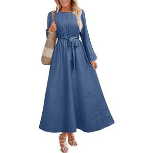 ANRABESS Womens Long Sleeve Dress 2025 Fall Casual Empire Waist A-Line Flowy Maxi Dresses with Pockets Vacation Outfits, L