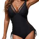 Blooming Jelly Women Sexy Mesh Swimsuit Tummy Control Bathing Suit Slimming One Piece Swimwear Bikini with Side Straps (Medium, Black)