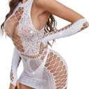 Avidlove Fishnet Lingerie Womens Mesh Chemise One Piece Babydoll Mini Dress Lace Sparkle Rhinestone Lingeries for Women (White)