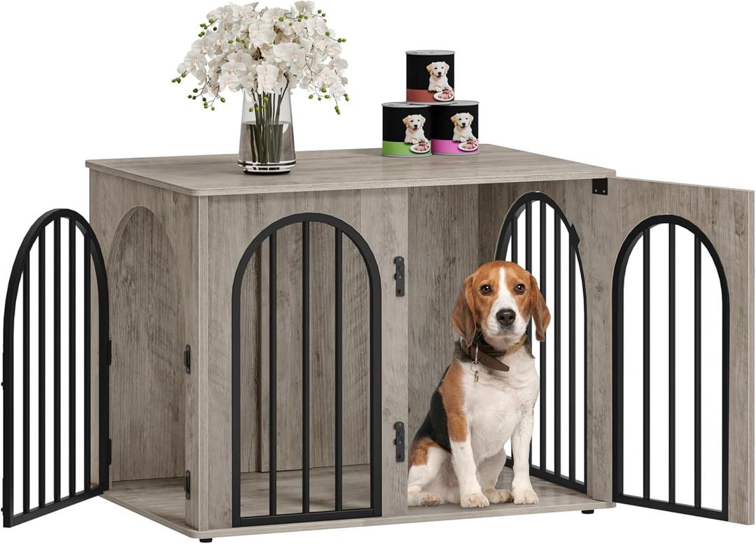 31.5'' Wooden Dog Crate Furniture, Indoor Dog Kennel Dogs Cage for Small/Medium Dogs, Heavy Duty Dog Crates Decorative Pet House End Side Table TV Stand, Greige Black DFC85105B