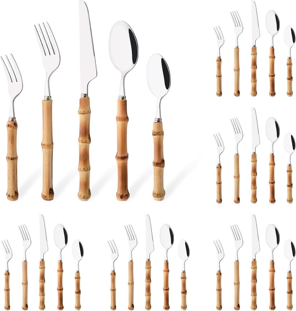 30PCS Silverware Set for 6, Bamboo Handle Flatware Set, Stainless Steel Cutlery Set for Home Restaurant and Party, Bamboo Forks Spoons and Knives Set, Polished Tableware