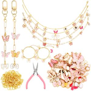 Quelay 91 Pcs Pink Bow Enamel Flat Charms Jewelry Making Kit Gold Keychain Making Kit for Necklace Choker Bracelet with Jewelry Pliers, Butterfly Bowknot Charms Pendants for Women DIY Crafts Supplies