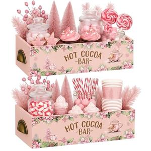 Roowest 2 Pcs Christmas Pink Hot Cocoa Bar Wood Storage Box with Handle Hot Chocolate Bar Organizer Accessories Coffee Station Supplies for Countertop Decoration Home Kitchen Office Farmhouse Party