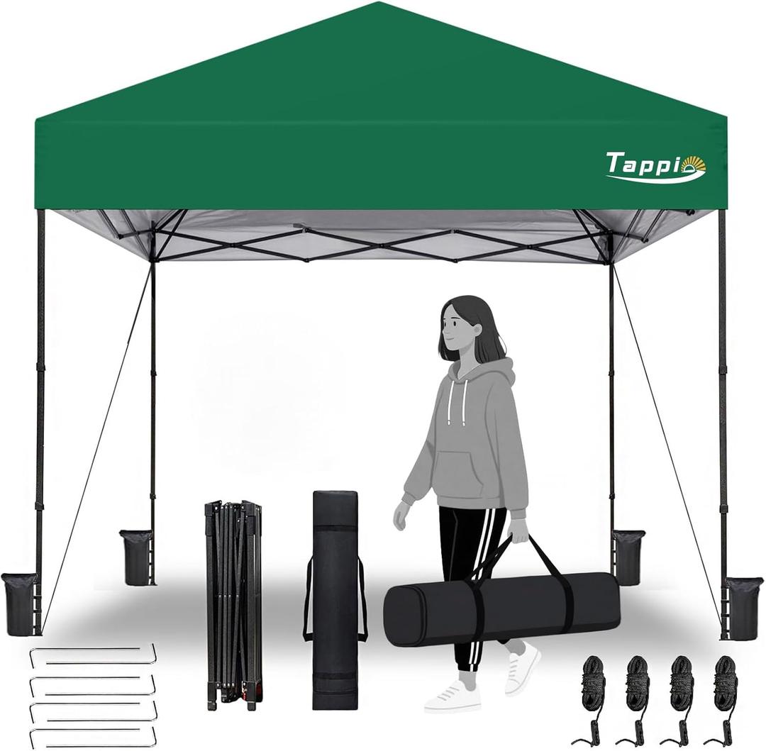 Portable 10x10 Pop Up Canopy Tent, Only 26 Lbs, Outdoor Instant Canopy Patio Gazebo Event Tent Shelter with 8 Stakes, 4 Ropes, 4 Sandbags and 1 Handbag for Camping Party Beach Fishing, Green