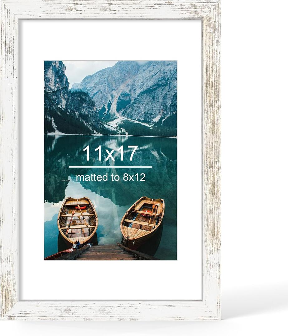 11x17 Picture Frame, Distressed White Wood Style, Wall Mounting