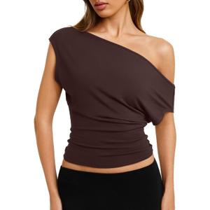 REORIA Womens Cinched Waist Off The Shoulder Tops Cap Sleeve Tee Shirts Casual Loose Summer Outfits 2026 XS