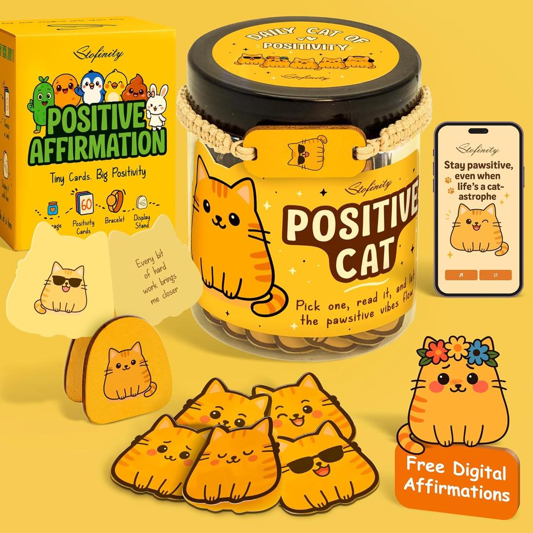 Positive Cats Affirmation Jar - 60 Daily Affirmation Cards For Anxiety Relief, Funny Cat Gifts For Women Birthday, Christmas Gifts For People Who Love Cats, Mental Health Gift For Desk Decor