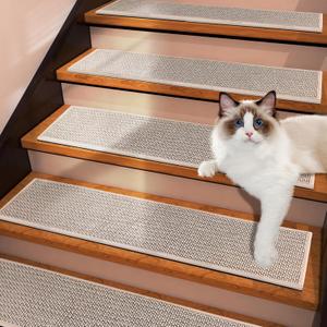 7 Pack Non Slip Stair Treads,8" X 30" Non Slip Carpet Stair Treads with Reusable Adhesive Rubber Backing,Staircase Step Treads Carpet Treads for Wooden Steps Indoor (Beige)