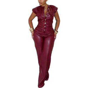 Molilove Womens Leather Jumpsuit Sexy Sleeveless Button Top Bodycon Jumpsuit Faux Leather Cargo Pants Romper Party Clubwear (Red, L)