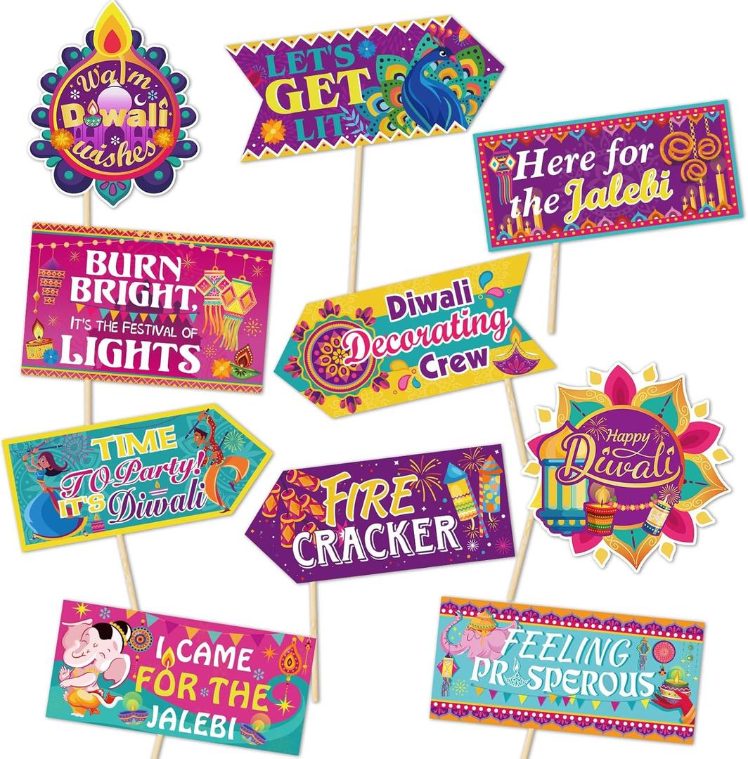 HOWAF 20 Pieces Happy Diwali Photo Props Signs, Festival of Lights Welcome Yard Sign, Diwali Party Photo Props Backdrop, Diwali Party Themed Celebration Front Door Decoration