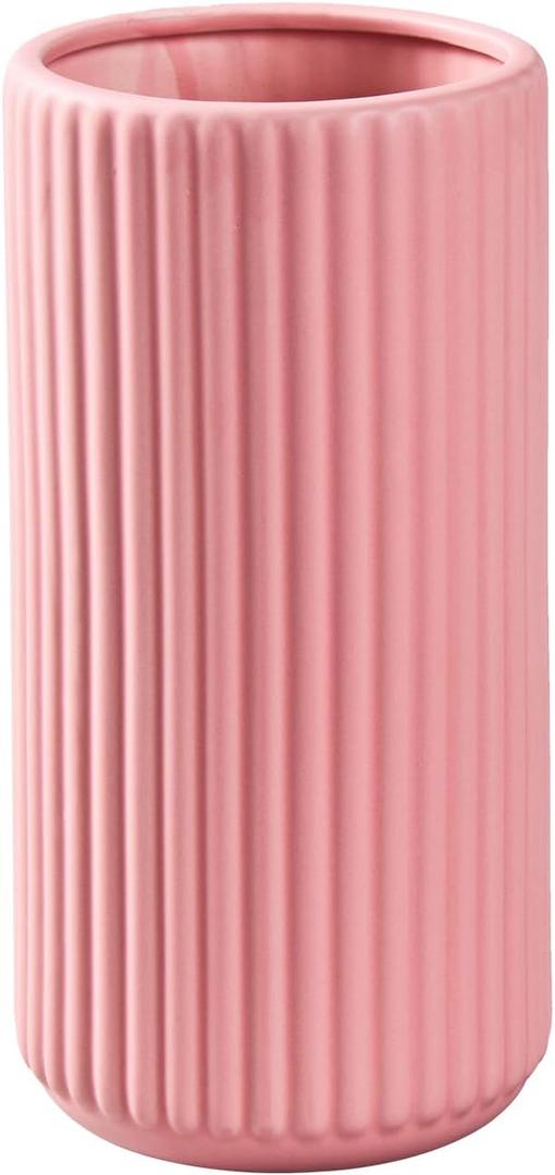 Pink Ceramic Flower Vase for Pampas Grass, 8 inch Small Decorative Centerpiece Ribbed Vase for Dining Table, Office Desktop, Shelf Bookshelf, Mantel, Entryway, Bathroom, Countertop, Farmhouse, Gift