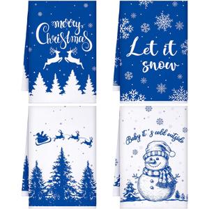 Sratte 4 Pcs Blue Christmas Kitchen Towels 16 x 24 Inch Merry Christmas Hand Towels Winter Let It Snow Snowman Dish Cloths Absorbent Xmas Tea Dishcloths for Home Bathroom Xmas Kitchen Decor