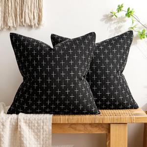 MIULEE Pack of 2 Decorative Burlap Linen Euro Sham Throw Pillow Covers for Sofa Couch Bed 24x24 Inch Modern Farmhouse Pillowcase Rustic Woven Textured Cushion Cover Black