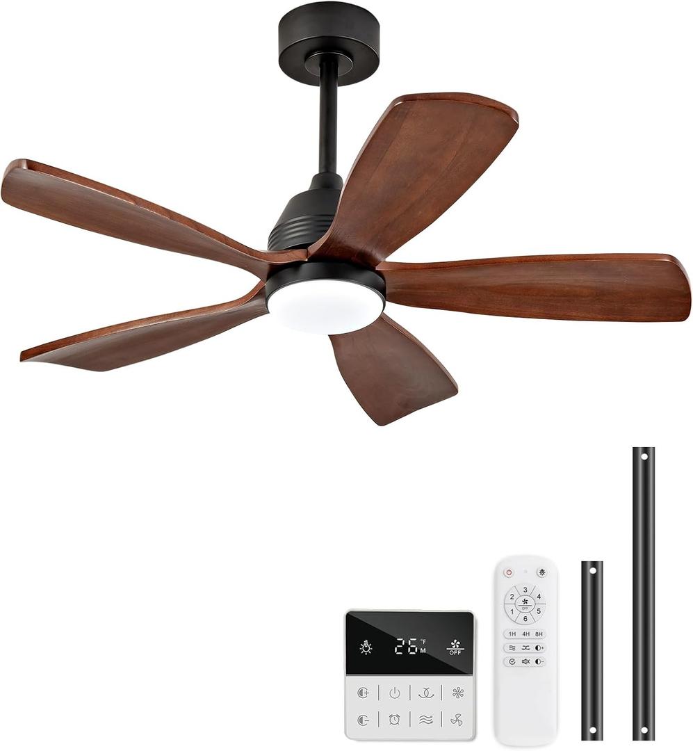 42 Inch Ceiling Fans with Lights and Remote, 5 Blades Wood Ceiling Fan with Light, Dimmable, Wall Switch, Reversible DC Motor, Modern Indoor Outdoor Ceiling Fans for Patios Bedroom