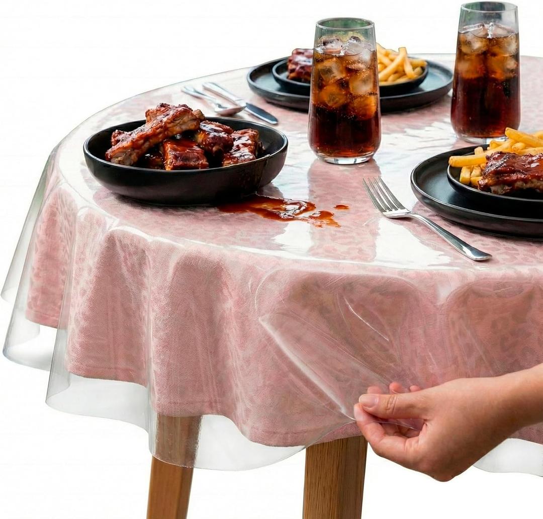 XFasten Round Plastic Table Cloth Cover 70 Inches 0.3mm Thick Waterproof Clear Plastic Tablecloth Protector, Non-Yellowing Plastic Table Cloths for Round Tables and Dining Room