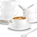 Foraineam Espresso Cups with Saucers and Spoons, 6 oz White Tea Cup Set, Porcelain Coffee Cup and Saucer Set with Stainless Steel Spoon for Specialty Coffee Drinks, Latte, Cafe Mocha and Tea, Set of 6