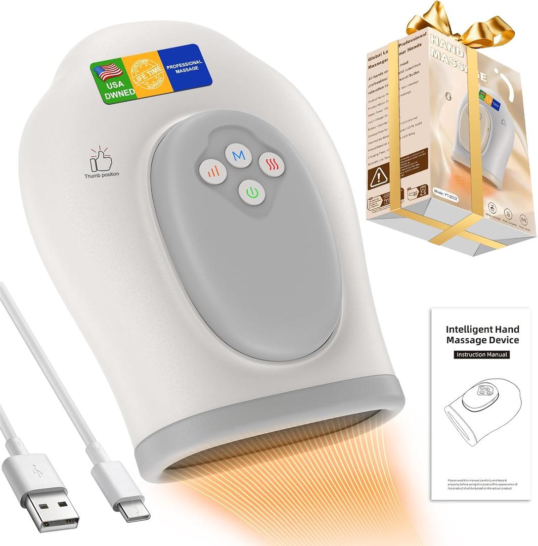 Full Hand Massager with Heat and Compression for Arthritis and Carpal Tunnel, Adjustable Hand Massage Temperatures Compression Models, Blood Circulation Pain Therapy Relax Relief Glove Gift (1-PCS, Silver)