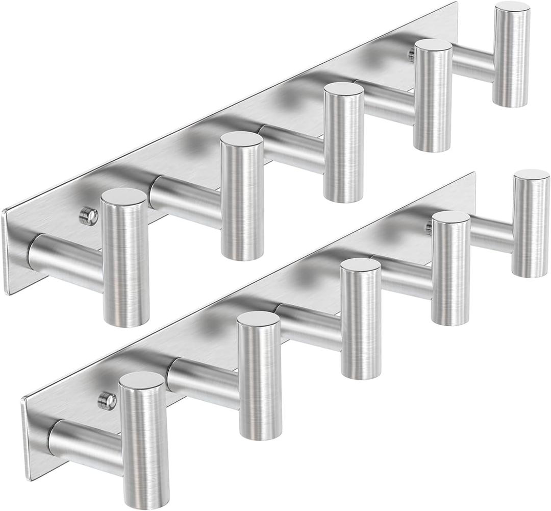 VAEHOLD Silvery Hat and Coat Wall Mount Rack - 5 Hooks for Robes, Bags, Keys, and Towels - Bathroom Towel Hanger Organizer (2 Pack)