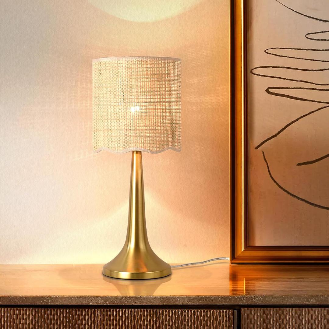 Ziqqeelam Gold Rattan Table Lamp for Bedroom, Brass Cute Wicker Lamps for Bedside Nightstand, Small Table Shape Lamps for Small Spaces for Kitchen Counter, Home Office, Living Room, Kids Dorm