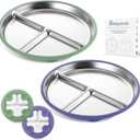Stainless Steel Toddler Plate with Suction, 9 Divided Plates with Removable Silicone Sleeves for Baby, Non Toxic & BPA Free | Non Slip | Unbreakable Kids Snack Dishes Set of 2, Green & Purple