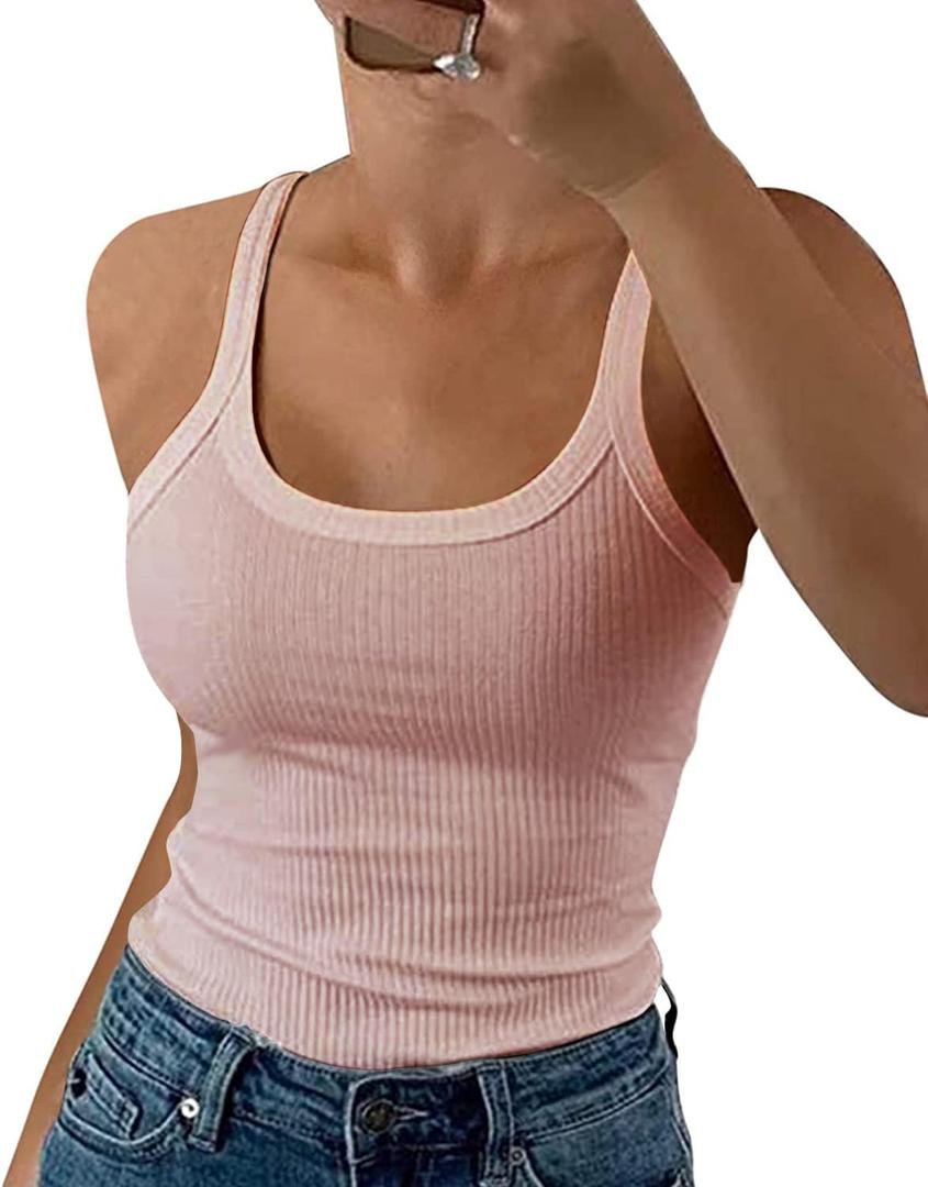 GEMBERA Women Spaghetti Strap Scoop Neck Ribbed Tank Tops Slim Fitted Cotton Camisole Basic Sleeveless Layering Shirts (X-Large, Cameo Pink)