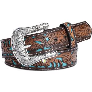 Western Belts Vintage Cowgirl Cowboy Country Belt for Woman Men Gifts, Carved Buckle-Belts for Jeans Pants Dresses (Brown)