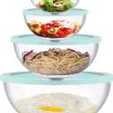 Glass Mixing Bowls with Lids Set, 8 Pieces Glass Salad Bowl Set with Lids(0.6QT,1.1QT,2.2QT,4QT) High Brosilicate Microwave Bowls for Kitchen Baking, Prepping Serving and Storage, Great Gift (Clear, Green)