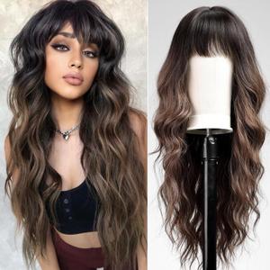 Ombre Brown Wigs with Bangs,Brown Long Wavy Wig for Women,Long Curly Wigs Dark Roots Synthetic Hair Wig for Party Daily Use 24IN