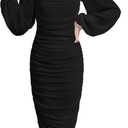 EXARUS Girls Bodycon Ruched Dress Teen Graduation Wedding Dance Party Chiffon Lantern Sleeve Maxi Formal Dresses (8 Years, Black)