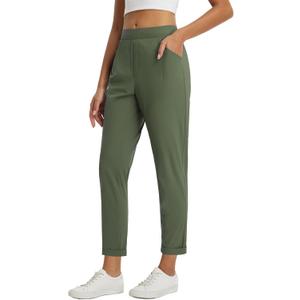 baleaf Womens Travel Pants with Zipper Pockets Stretchy Work Pants Business Casual Slacks Golf Pants Dressy with Pockets (Large, Green)