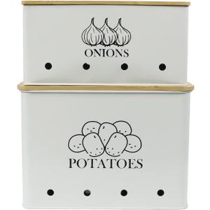 Potato and Onion Storage Bin Set of 2, Vented Metal Vegetable Storage with Wooden Lids, Farmhouse Kitchen Canisters for Countertop Pantry Organizer, Potato Bin Onion Holder for Produce Storage, White