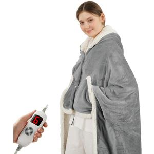 COZYTY Heated Blanket Wearable Shawl - Electric Wrap Poncho Heated Throw Blanket with Hand Pockets, 50 * 64", 6 Heating Levels & 1-4H Timer, Ideal for Family, Light Grey