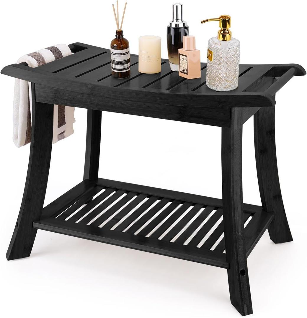VVW Bamboo Shower Bench & Stool with Storage Shelf, Bath Benches for Inside Shower, Bathroom Stools 2-Tier Spa Seat for Adults Elderly (Black)