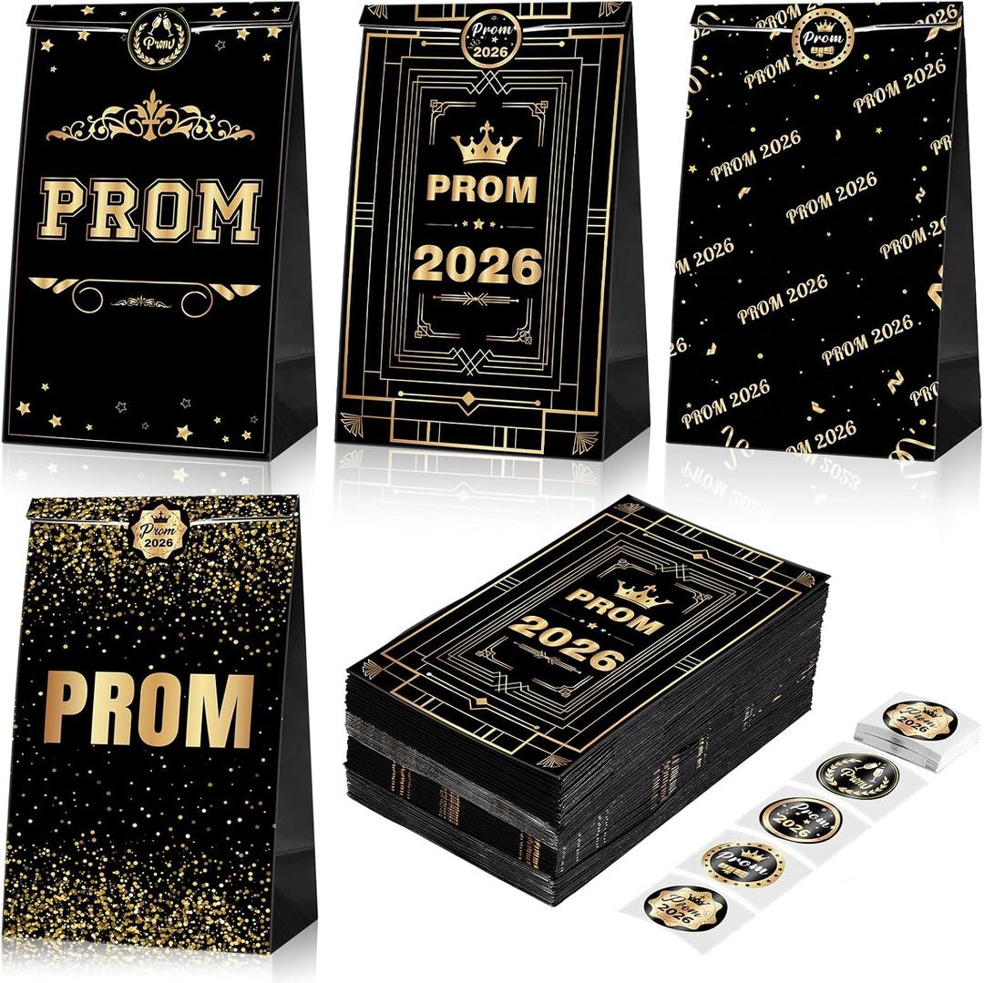 Gueevin 48 Pcs Prom 2026 Party Favor Candy Bags with Stickers Goodie Gift Treat Prom Gift Wrap Bags with 48 Stickers for College Senior High School Graduation Party Supplies