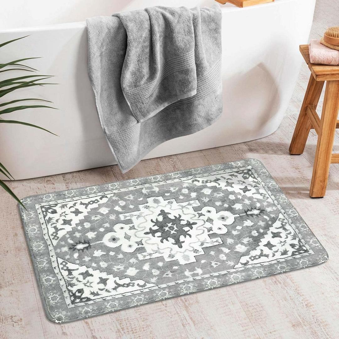 Uphome Boho Retro Bathroom Rug Gray Non-Slip Soft Bath Rug Machine Washable Oriental Bathroom Mat Traditional Farmhouse Floral Floor Mats for Bathtub Shower Toilet, 20x31 inch (Grey)