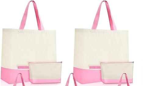 Sanwuta 4 Pcs Canvas Tote Bags Bulk with Zipper Cosmetic Pouch 18.5" Reusable Cotton Shopping Bag with Handle for DIY Craft (Light Pink)
