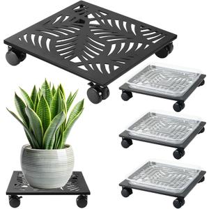 3 Packs 12" Metal Square Plant Caddy with Wheels Large Iron Rolling Plant Stand with Casters Heavy-Duty Plant Dolly Coaster Plant Pot Mover Roller Base for Indoor Outdoor, Black